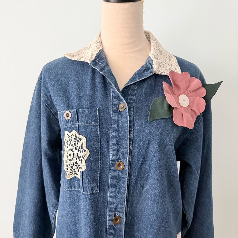 🌸 Grandma Core Reworked Denim Midi Dress Lace Butterfly Cottagecore 🦋 - Picture 3 of 15